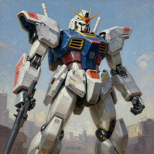 Digital painting of a giant, white, red, blue, and yellow mecha robot with a yellow head crest, standing in an urban landscape.