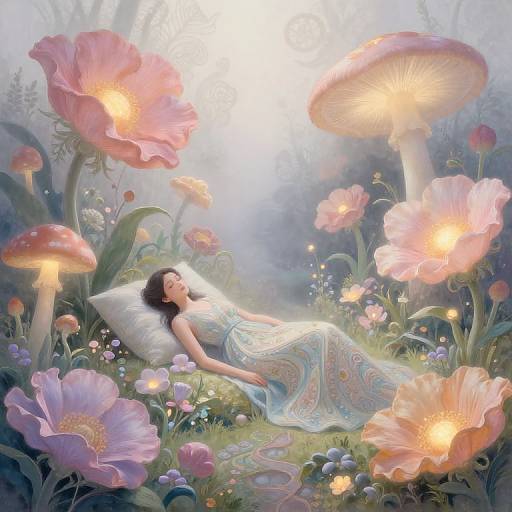 Dreamy digital painting of a woman with dark hair, sleeping in a colorful, patterned dress, surrounded by glowing mushrooms and flowers in a magical forest