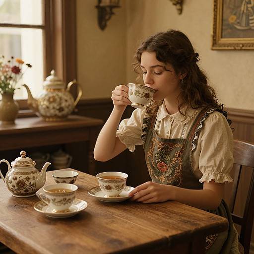 Photograph of a young woman with curly brown hair, wearing a white blouse and floral apron, sipping tea from a patterned cup, seated