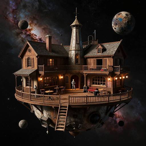 Digital artwork of a wooden, two-story house floating in space, illuminated by warm lights, surrounded by planets and a galaxy background.