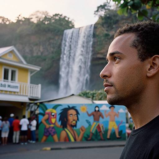 Photograph of a young Black man with short curly hair in profile, gazing at a vibrant street mural and waterfall in a tropical town.