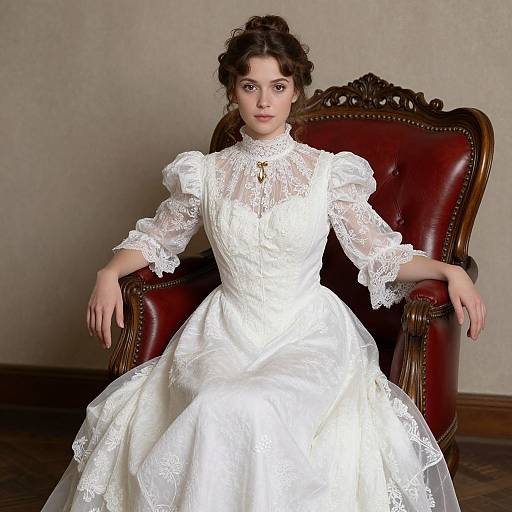 Photograph of a fair-skinned woman with curly brown hair, wearing a white, lace-trimmed Victorian-style wedding dress, seated in a red