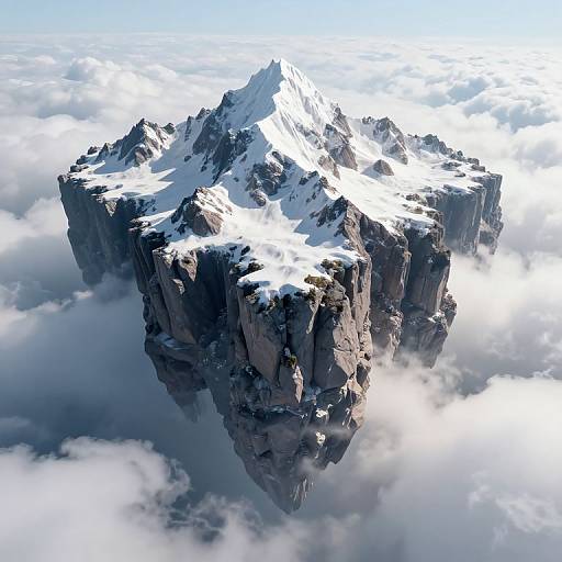 Aerial photograph of a towering, snow-capped mountain peak surrounded by fluffy clouds, casting dramatic shadows on its rugged, dark gray cliffs.