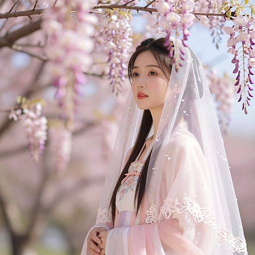 Photograph of an East Asian woman with long black hair and fair skin, wearing a white lace veil and traditional pink dress, standing under blooming cherry