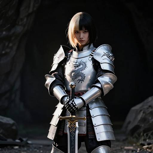Photorealistic CGI of a serious young woman in silver medieval armor with a dragon emblem, holding a sword, standing in a dark, rocky cave.