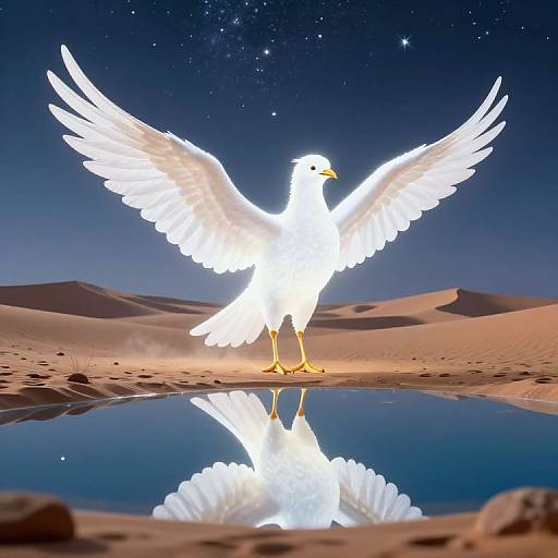 Photograph of a glowing white seagull with wings spread, standing on sandy dunes beside a reflective pool under a starry night sky.