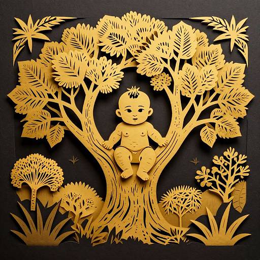 Māori Baby in Golden Paper Cut Tree