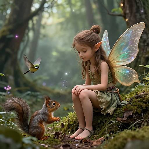 Photorealistic digital art of a fairy girl with iridescent wings, green dress, and elf ears, sitting by a forest path, interacting with