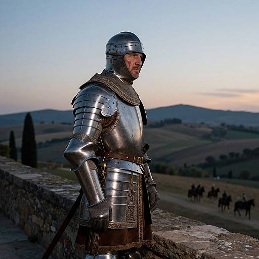 Photograph of a medieval knight in shiny silver armor, standing on a stone wall, with a sunset sky and distant horseback riders in the background.