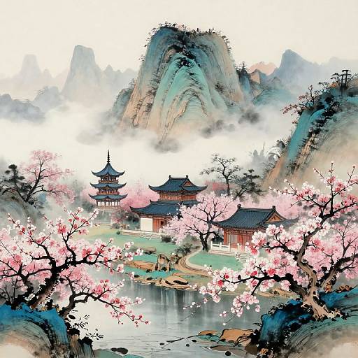 Misty Ancient Chinese Landscape Painting