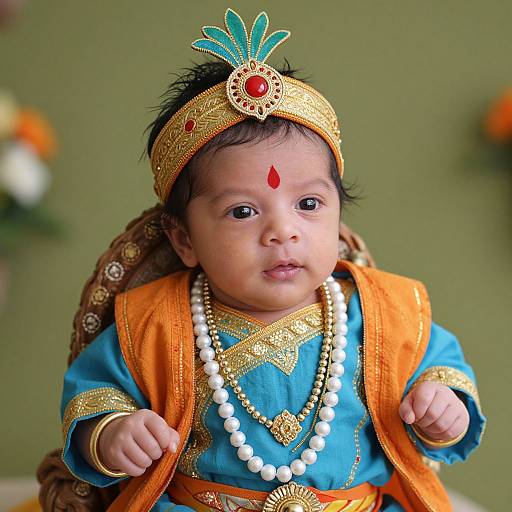 Photograph of an Indian baby with dark skin, wearing a colorful traditional outfit, gold headpiece, red forehead dot, white pearl necklace, and orange