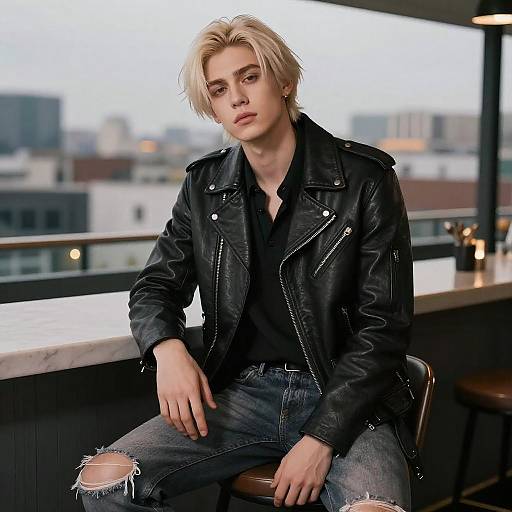 Photorealistic image of a young, blonde man with fair skin, wearing a black leather jacket, black shirt, and ripped jeans, sitting on a