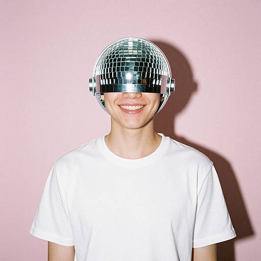 Photograph of a smiling person with a reflective silver disco ball helmet, wearing a plain white shirt, against a pastel pink background.