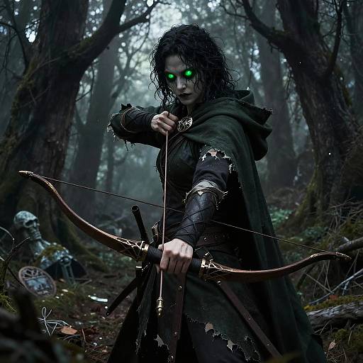 Digital artwork of a dark-haired, green-eyed archer with tattered black cloak in a misty forest, holding a bow with glowing eyes. Background