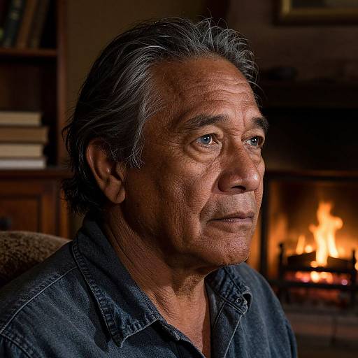 Photograph of a middle-aged man with gray hair, wearing a denim shirt, sitting by a warmly lit fireplace in a cozy room.