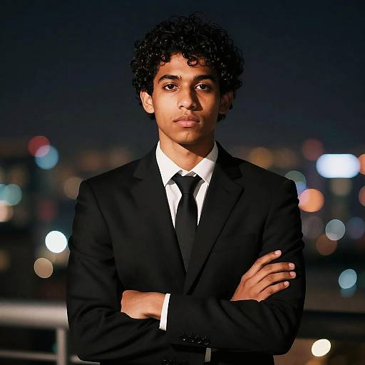 Confident Young Man in Nighttime Cityscape