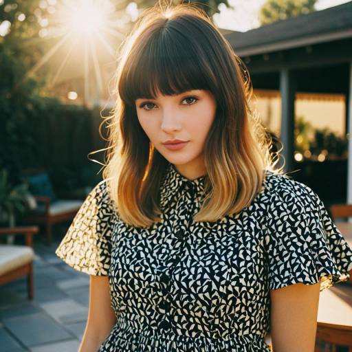 Fashion Model with Layered Bangs on Outdoor Patio