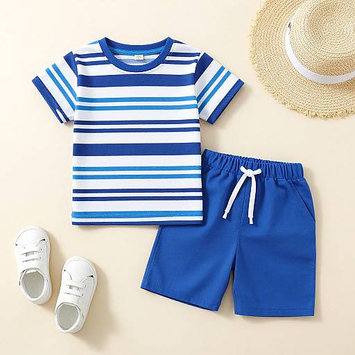 Photograph of nautical-themed children's outfit: blue-and-white striped shirt, blue shorts with white drawstring, white sneakers, and straw hat.