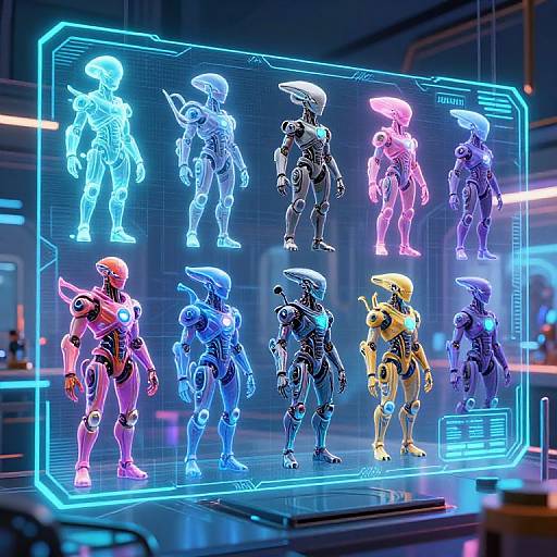 Photorealistic CGI of nine neon-lit, futuristic humanoid robots in a high-tech lab, illuminated by blue and pink holographic outlines.