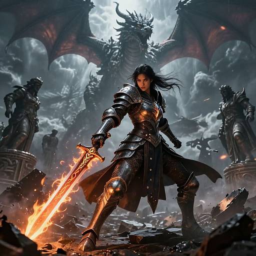 Digital fantasy artwork: Armored warrior with long black hair and glowing sword, standing defiantly against a backdrop of a roaring fire and a looming, wing