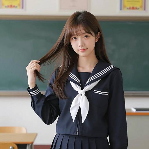 Asian Schoolgirl in Sailor Uniform in Classroom