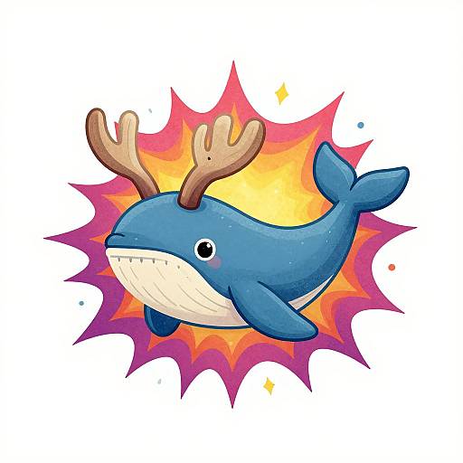 Colorful cartoon of a blue whale with antlers, set against a vibrant, explosive yellow and pink background. Digital illustration.