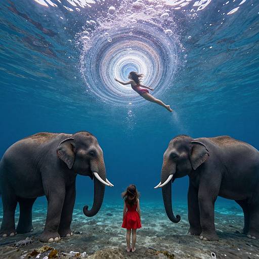 Photograph of a girl in a red dress, standing between two elephants, underwater, with a woman swimming upwards towards a bright light above.