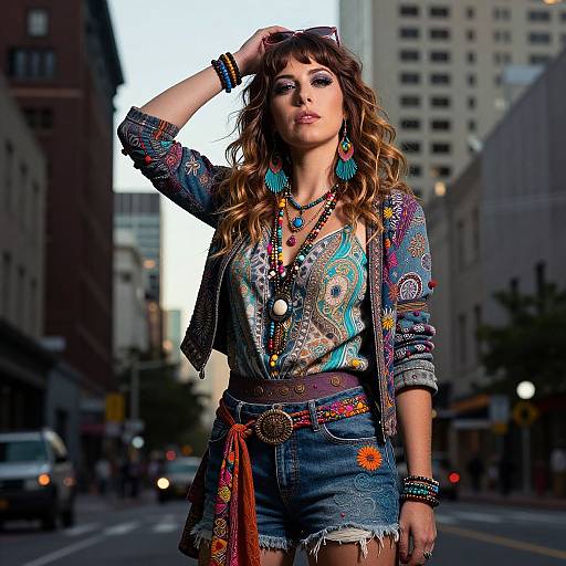 Photograph of a stylish woman with wavy brown hair, colorful bohemian outfit, large turquoise earrings, standing on an urban street.