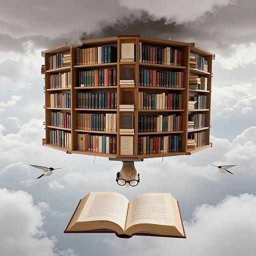 Floating library with books and glasses, suspended above open book, against cloudy sky. Two birds fly nearby. Surreal, digital art.
