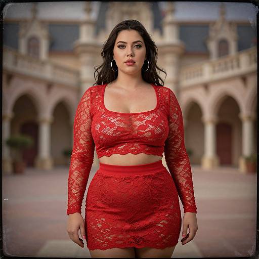 Photograph of a plus-size woman with long black hair, wearing a red lace crop top and skirt, standing confidently in front of a blurred, orn