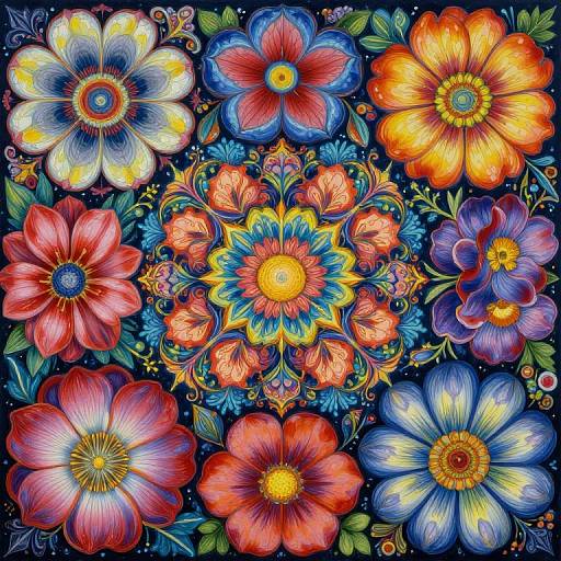 Vibrant digital illustration of colorful, symmetrical flowers with glowing petals, intricate patterns, and neon-like hues on a dark background.