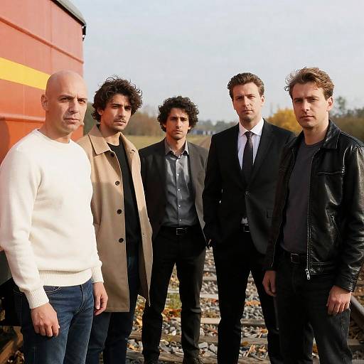 Group of Men Standing by Train Tracks