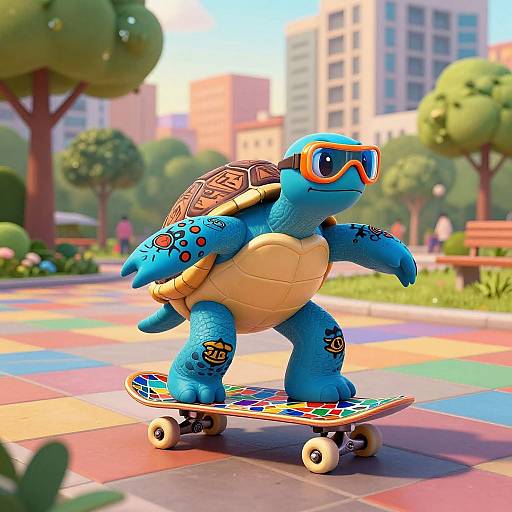 CGI cartoon turtle with blue skin, orange goggles, and colorful tattoos skateboarding on a city park pathway with vibrant tiles and lush greenery in the