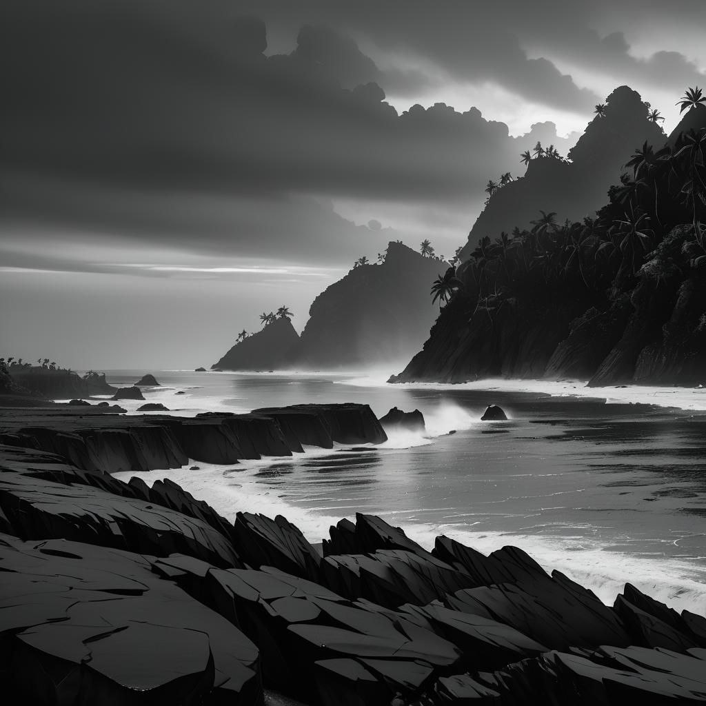 Misty Monochrome Coastline at Dusk