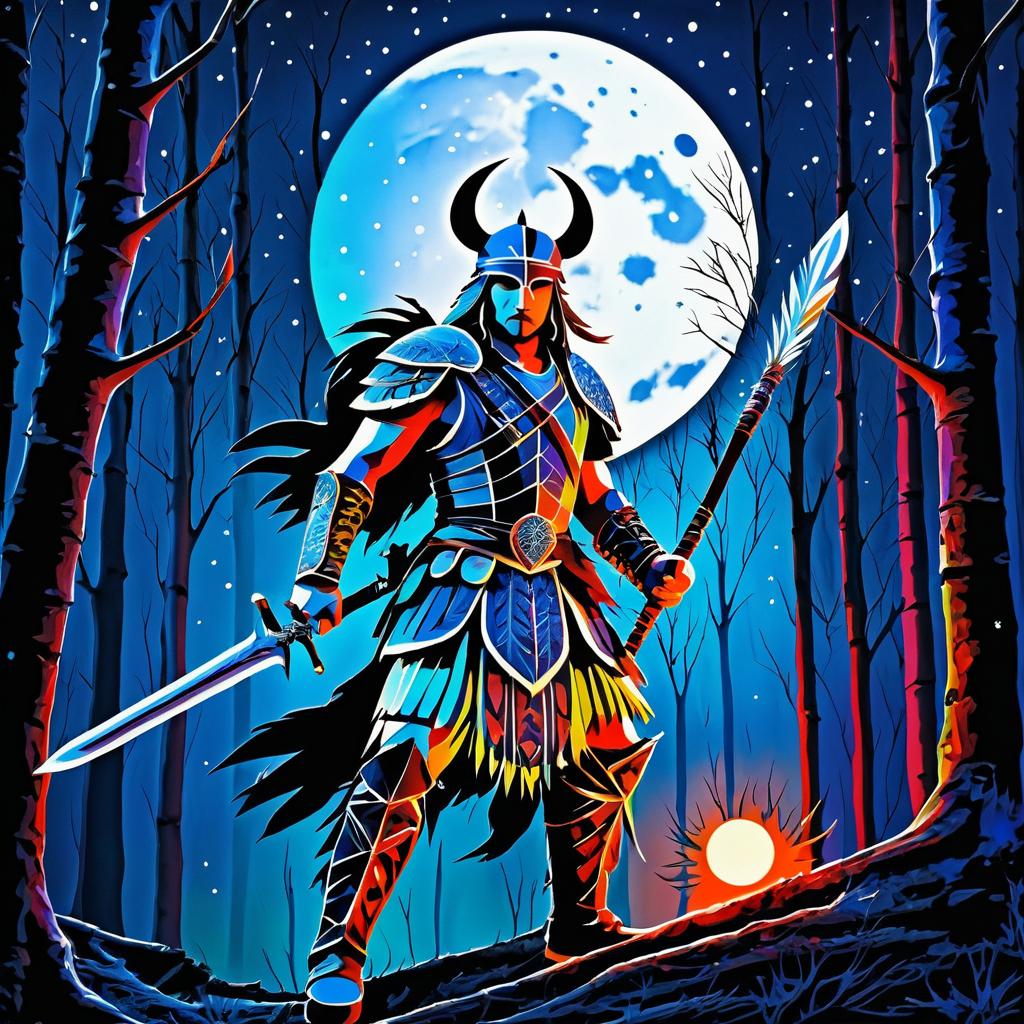 Ancient Warrior in Mystical Forest Night