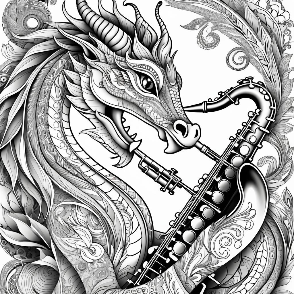 Whimsical Dragon Saxophone Coloring Page