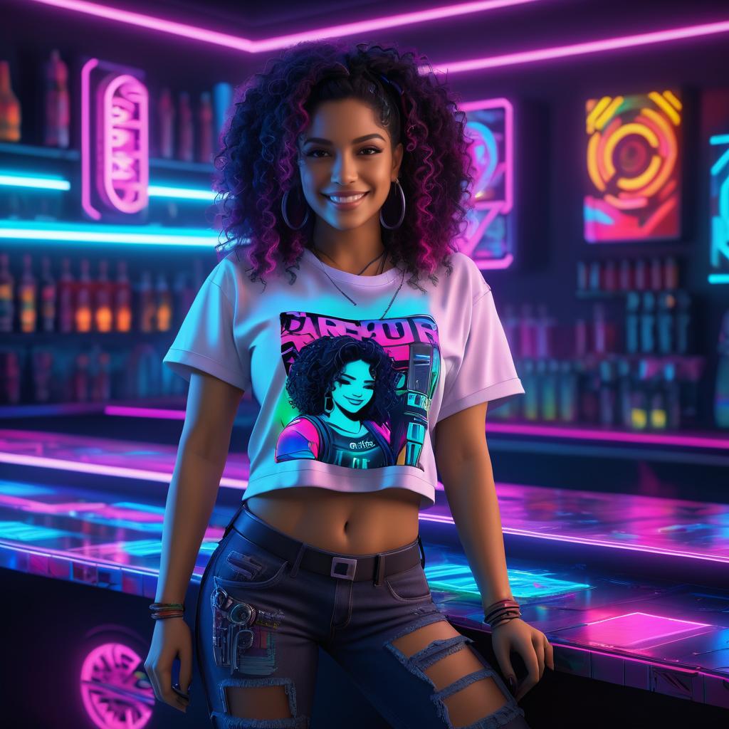 Vibrant Cyberpunk Bartender in Futuristic Bar