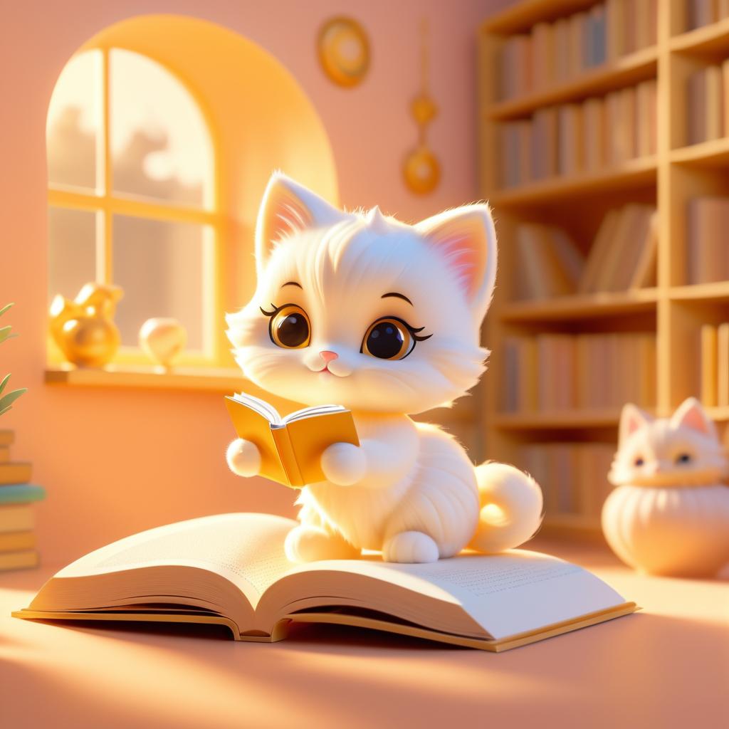 Whimsical Kitten Reading in Soft Light