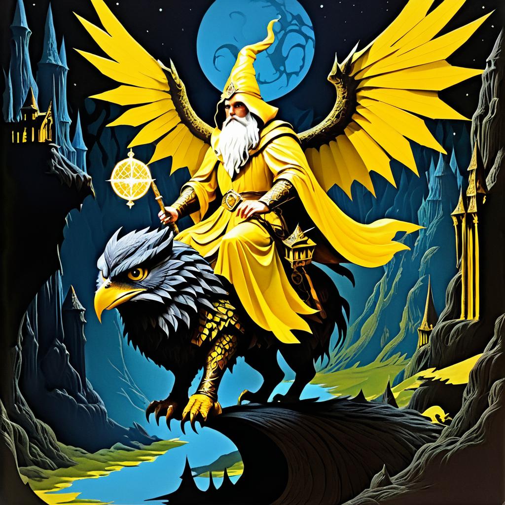 1970s Dark Fantasy Wizard on Owl