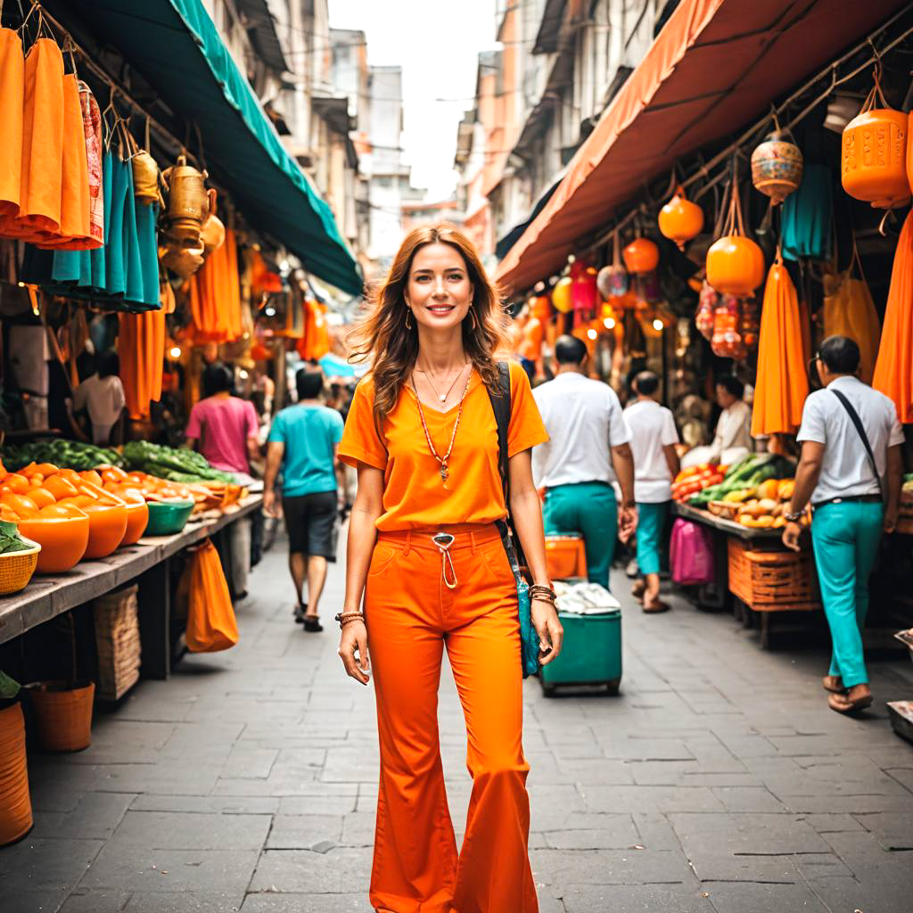 Vibrant Traveler in Colorful Market Scene