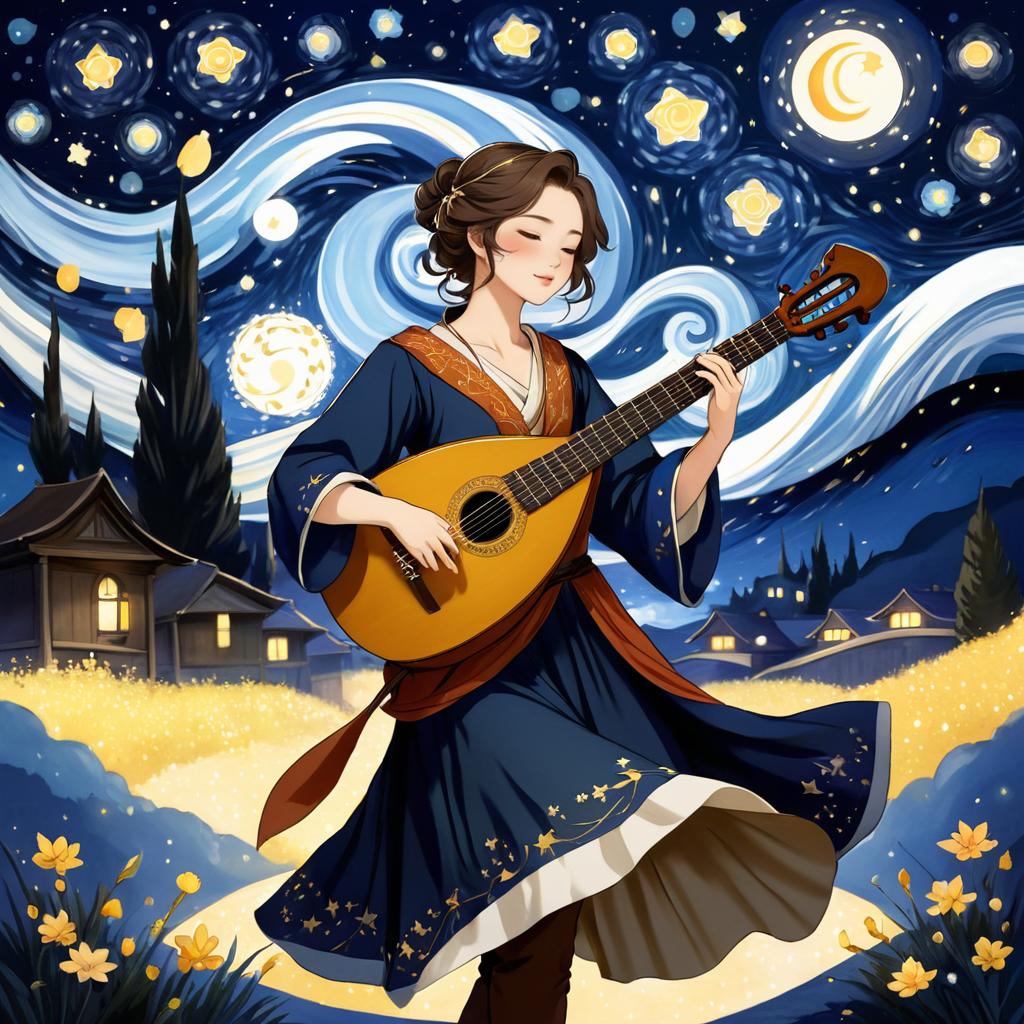 Charming Bard Illustration Under Starry Night