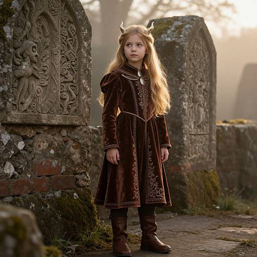 Photograph of a young girl with long blonde hair, wearing a brown velvet dress and horned headband, standing in a misty, sunlit