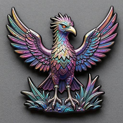 Vibrant, metallic, multicolored phoenix with outstretched wings and detailed feathers, standing on grass, digital art with a textured, dark