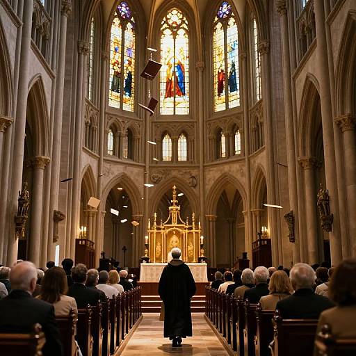 Photograph of a grand Gothic cathedral interior with tall, arched windows, colorful stained glass, and a central altar. Silhouetted congregation faces