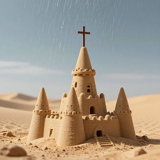 Photograph of a detailed sandcastle with multiple conical towers, cross on top, arched doors, and stairs, set in a sunny desert with