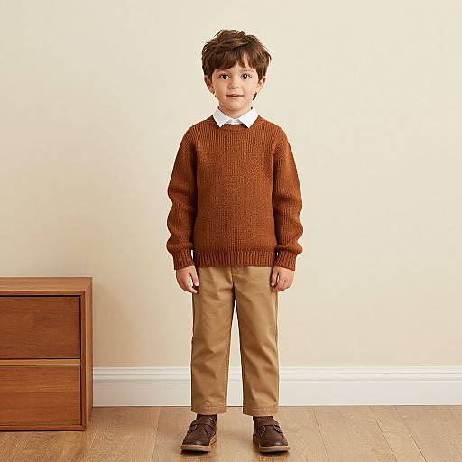 Photograph of a young boy with brown hair, wearing a brown sweater, white shirt, beige pants, and brown shoes, standing in front of a