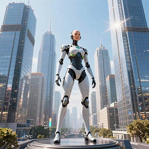 CGI image of a bald, white-skinned, female humanoid robot with sleek, black and white armor, standing confidently in a futuristic, sunlit