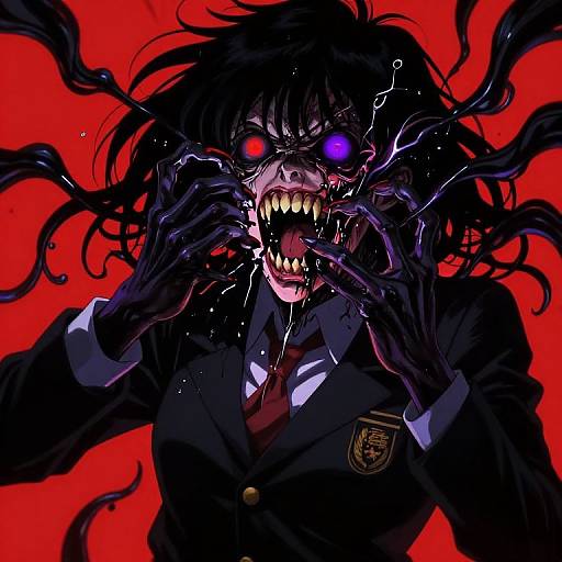 Digital anime-style illustration of a monstrous woman with black hair, glowing red and blue eyes, sharp teeth, and dark tentacle-like hands, wearing a