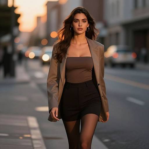 Photograph of a confident woman with long dark hair, wearing a brown leather jacket, black tube top, and high-waisted black shorts, walking