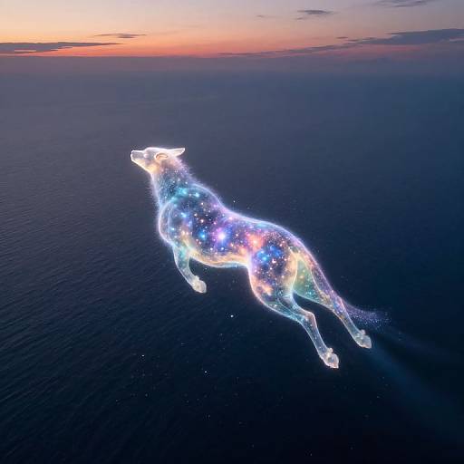 Digital art: Glowing, neon-lit wolf silhouette floats on dark ocean, backlit by a pink-orange sunset, with colorful lights inside its body